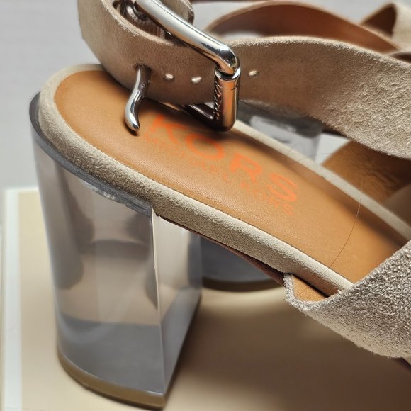 New Womens Michael Kors Suede Light Camel Clear Chunky Heel Leather Soles 11 - Picture 2 of 15